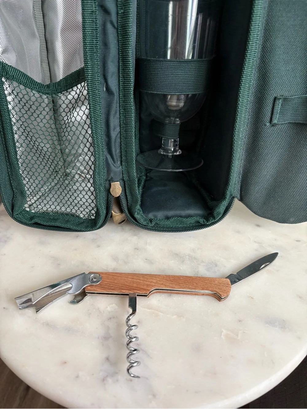 Picnic at Ascot Insulated Travel Wine Tote Bag Dark Green with Opener & Cups